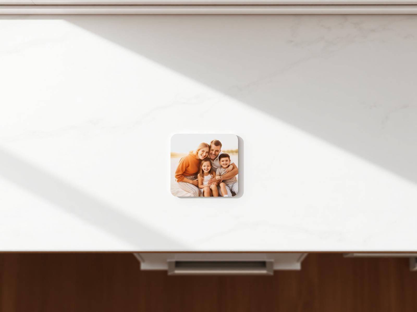 A custom photo magnet on a kitchen counter